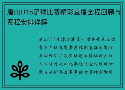 唐山U15足球比赛精彩直播全程回顾与赛程安排详解