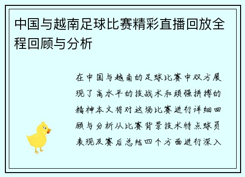 中国与越南足球比赛精彩直播回放全程回顾与分析 中国与越南足球比赛精彩直播回放全程回顾与分析